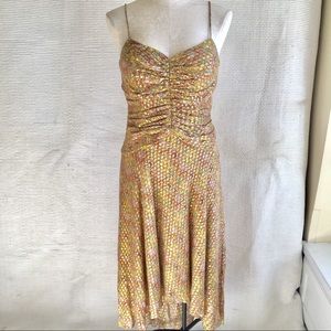 VTG 90s Silk Gold Boho Print Cocktail Party Dress